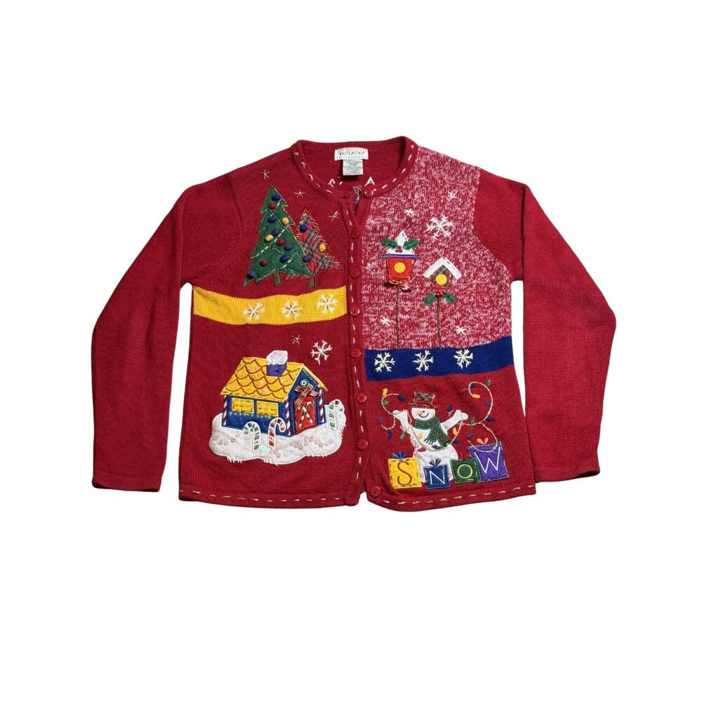 Beaded Embroidered Knit Christmas Cardigan VTG White Stag Size L Christmas Tree